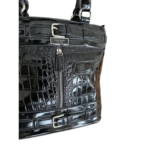 Kate Spade New York Black Croc-Embossed Patent Leather Tote Handbag 10x8x4